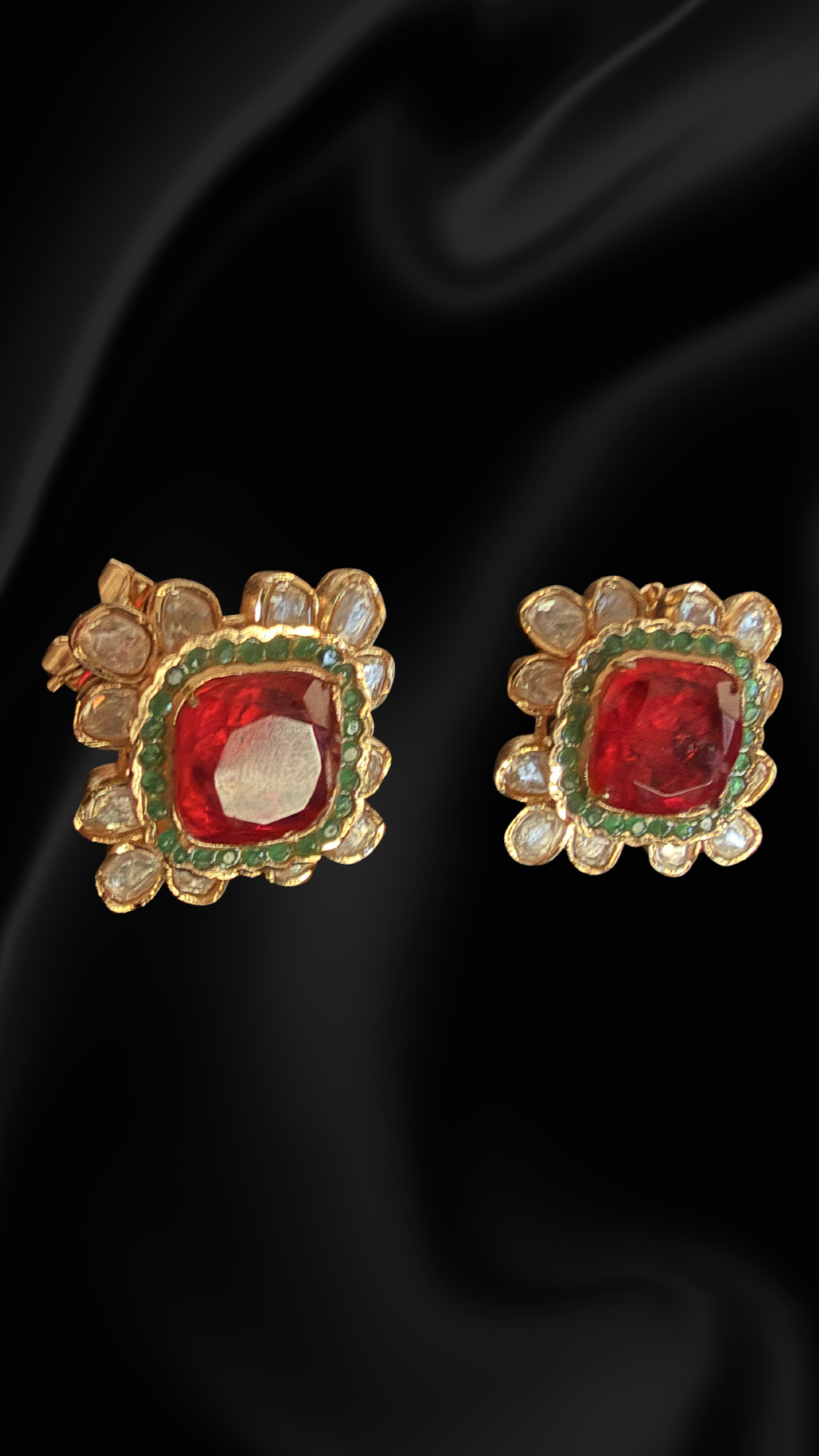 Zaraa Cushion Halo Stud Earrings - Red