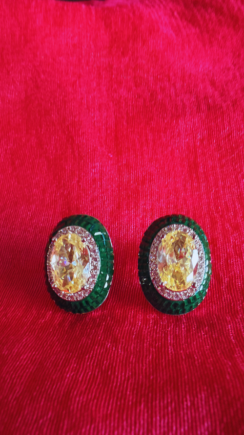 Citrine Emerald Stud Earrings - Green