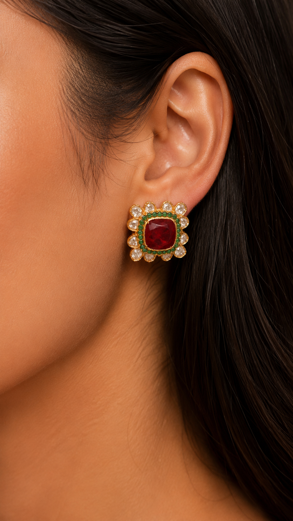 Zaraa Cushion Halo Stud Earrings - Red
