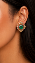 Zaraa Cushion Halo Stud Earrings - Green