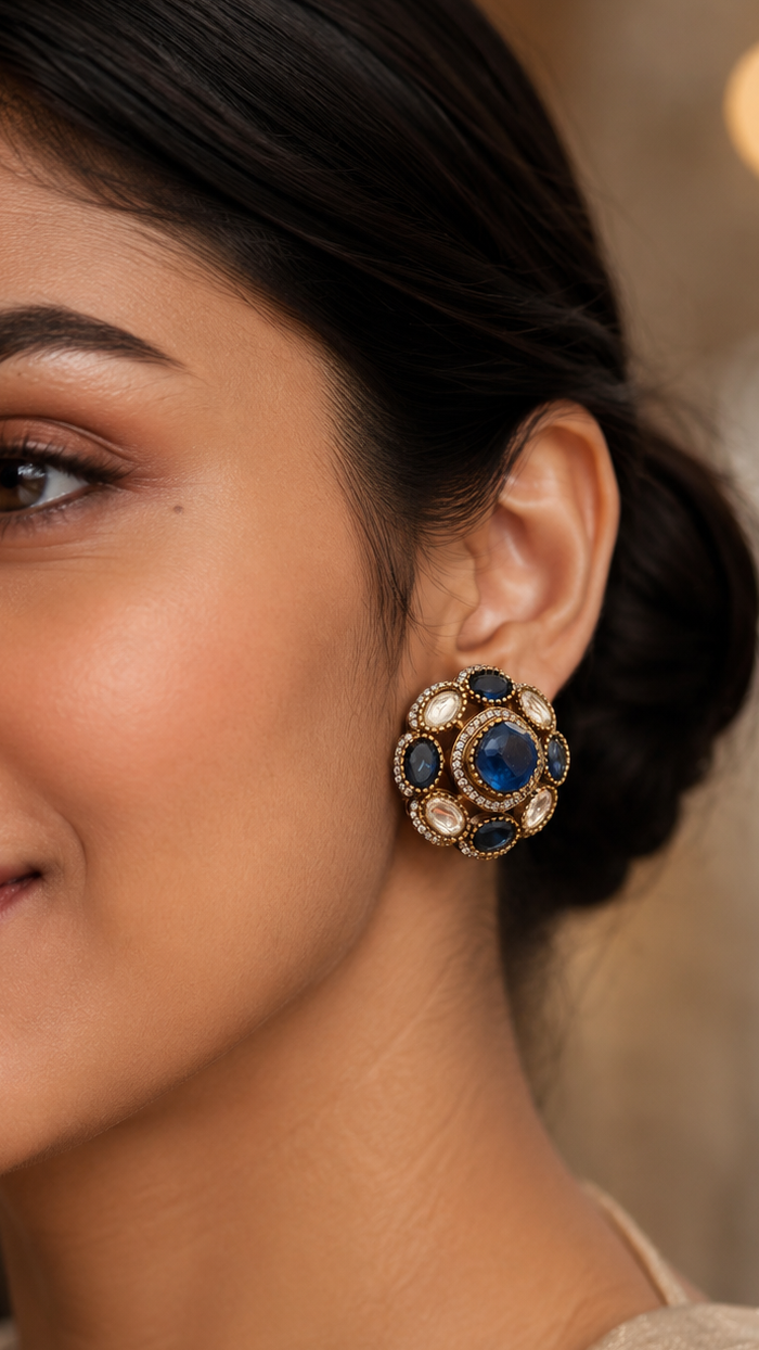 Close-up of a woman wearing a decorative earring with a blurred background